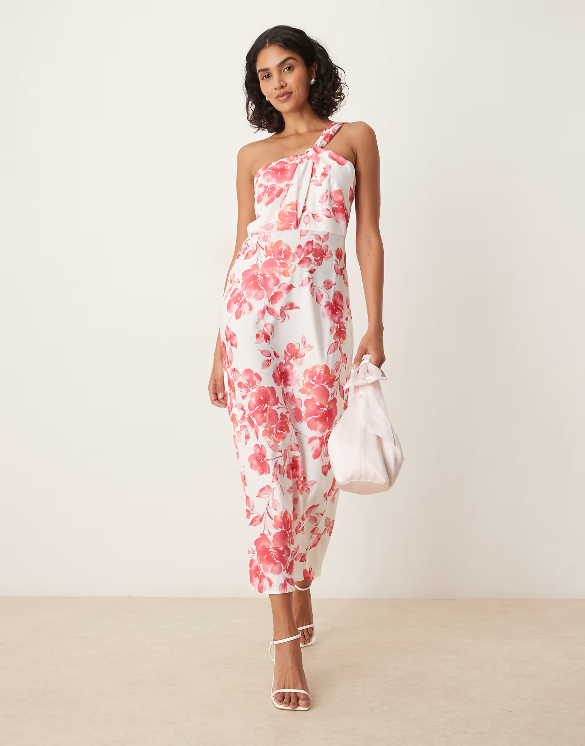 YAS one shoulder red floral satin maxi dress in white | ASOS (Global)