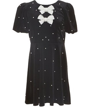 Poppies and Roses Big Girls Puffed-Sleeve Faux-Pearl-Trimmed Stretch Velvet A-Line Dress | Dillar... | Dillard's