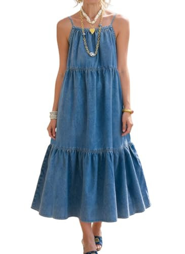 chouyatou Women's Adjustable Spaghetti Strap Denim Dress Tiered A-Line Flowy Swing Maxi Long Jean Sun Dress (Medium, Blue) | Amazon (US)