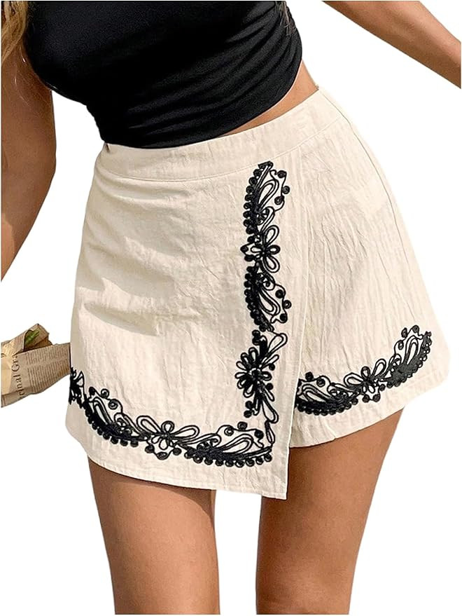 MakeMeChic Women's Boho Vacation Wrap Shorts Floral Embroidery High Waist Shorts | Amazon (US)