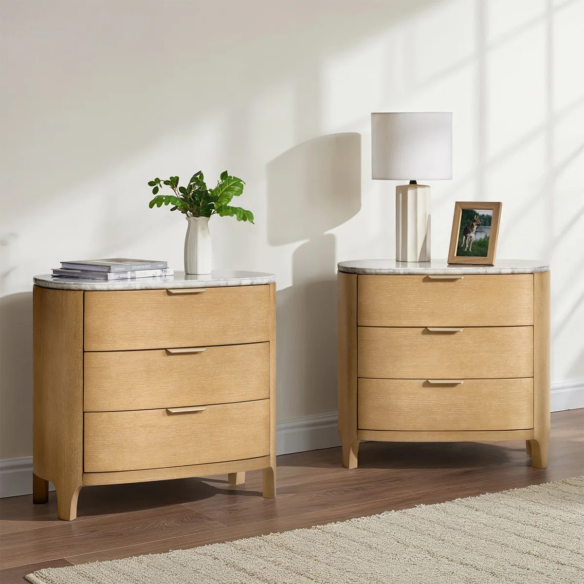 Burdine Giselle Modern 28" W 3 Drawer Solid Wood Nightstand with Marble Top and Oak Veneer (Set o... | Wayfair North America