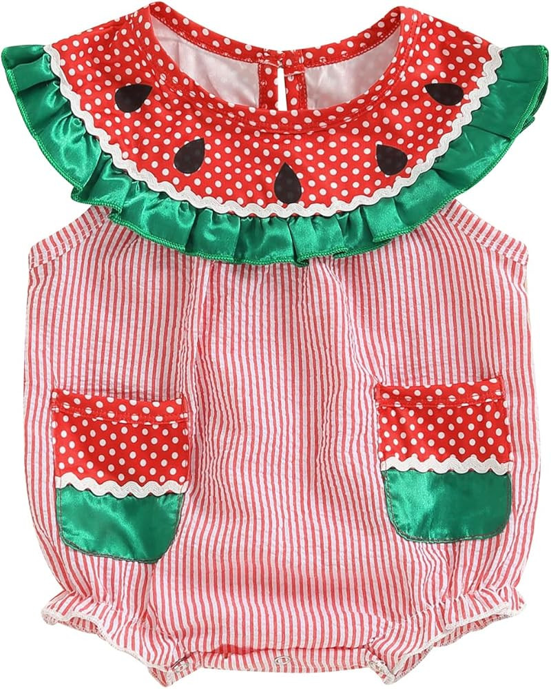 Baby Girl Watermelon Romper Sleeveless Ruffle Smocked Bubble Bodysuit with Pockets Cute One Piece... | Amazon (US)
