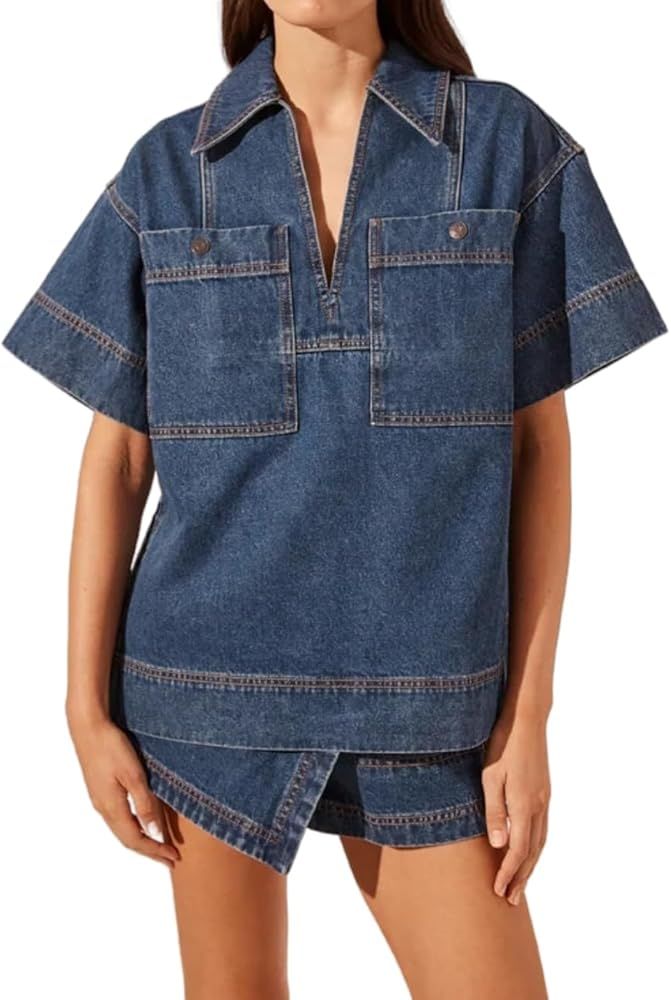 Women Collared V Neck Denim Blouse Oversize Summer Short Sleeve Pullover Jean Top with Pockets | Amazon (US)