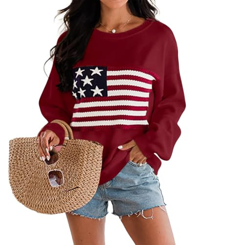 Dressmine Knit Sweater for Women USA Flag Top Crewneck Long Sleeve Shirts Cute Loose Pullover Sweaters Burgundy XX-Large | Amazon (US)