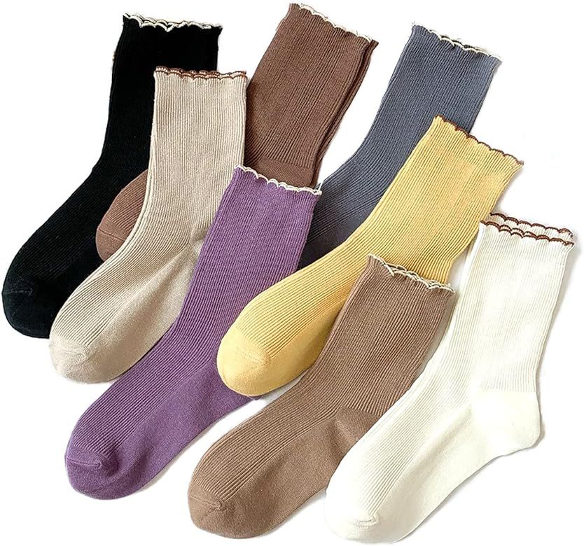 TeenFighter 8 Pairs of Cotton Crew Size Socks for Women in All Season, Ruffle Turn-Cuff Thin Knit... | Amazon (US)