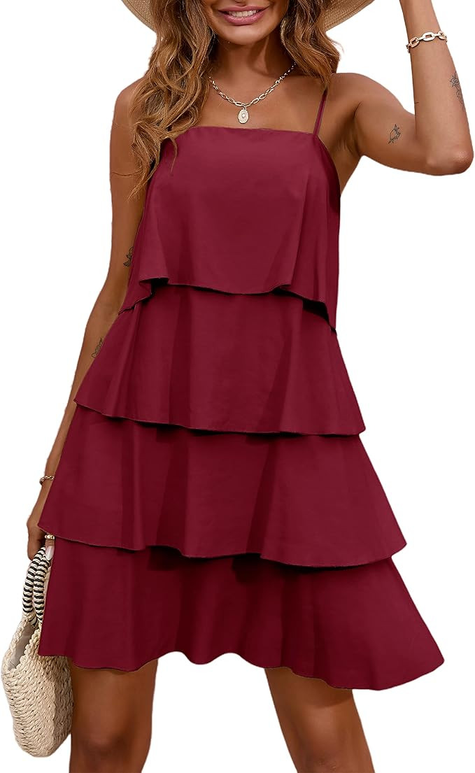 Okiwam Women's Summer Casual Boho Spaghetti Strap Sleeveless Short Dress Ruffle Tiered A Line Flo... | Amazon (US)