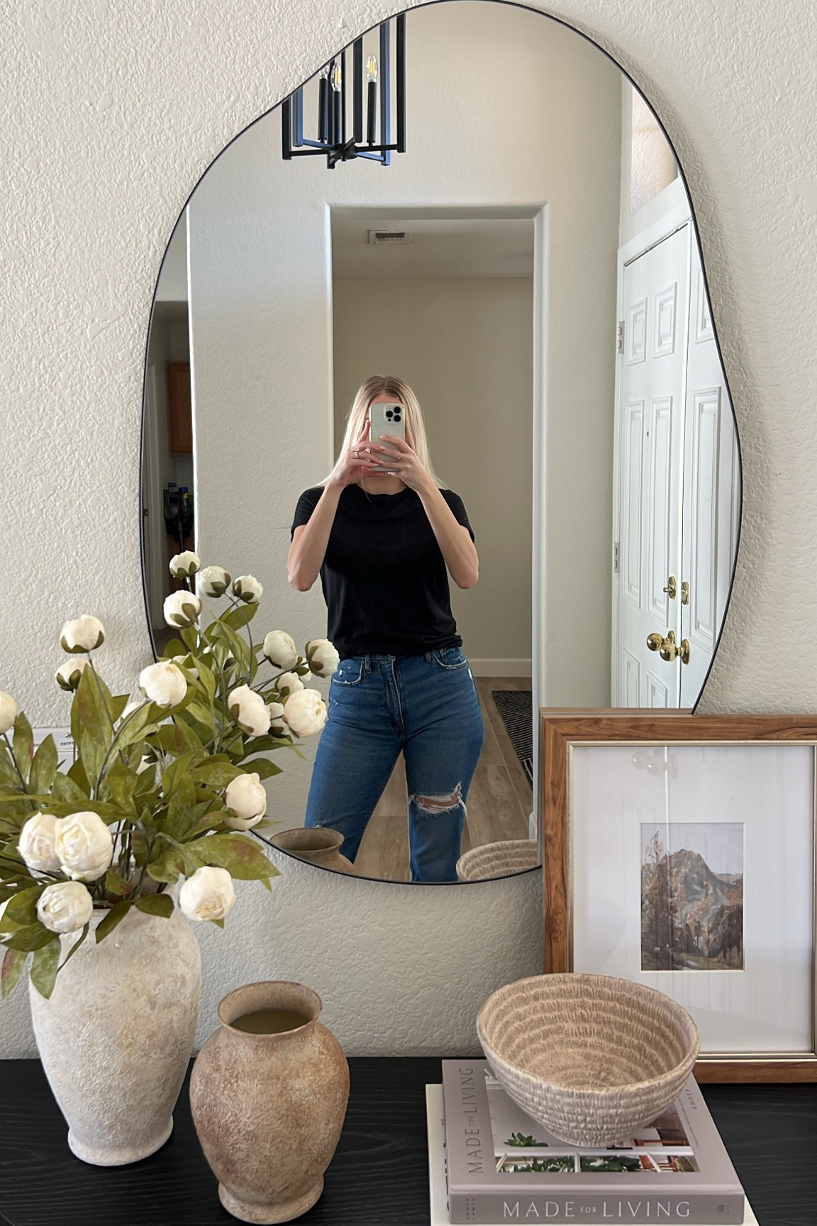 New entry table set up! I’m loving this asymmetrical mirror! 
•••
Entry table decor, console table styling, entry decor, wall mirror, organic mirror, faux stems, home decor 

#LTKfindsunder100 #LTKhome #LTKfindsunder50