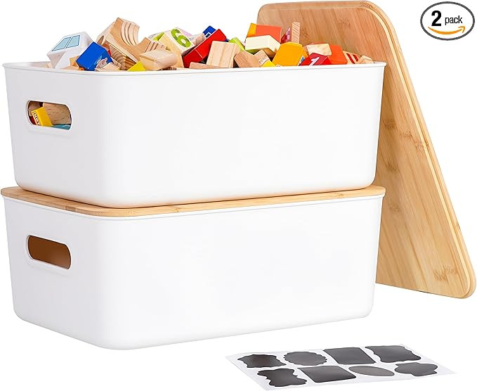 Citylife 2 PCS Storage Bins with Bamboo Lids Plastic Storage Containers for Organizing Stackable ... | Amazon (US)