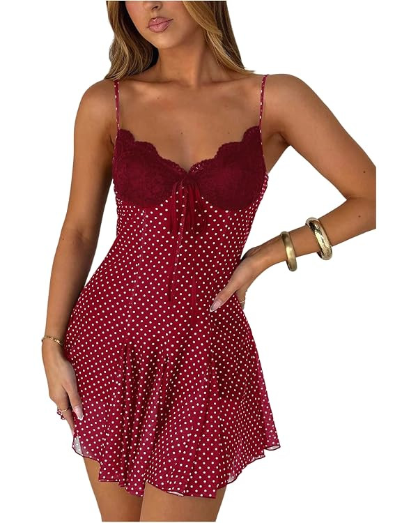 GORGLITTER Women's Polka Dots Mini Dress Y2k Lace Mesh Bow Tie Front V Neck A Line Dresses Coquet... | Amazon (US)