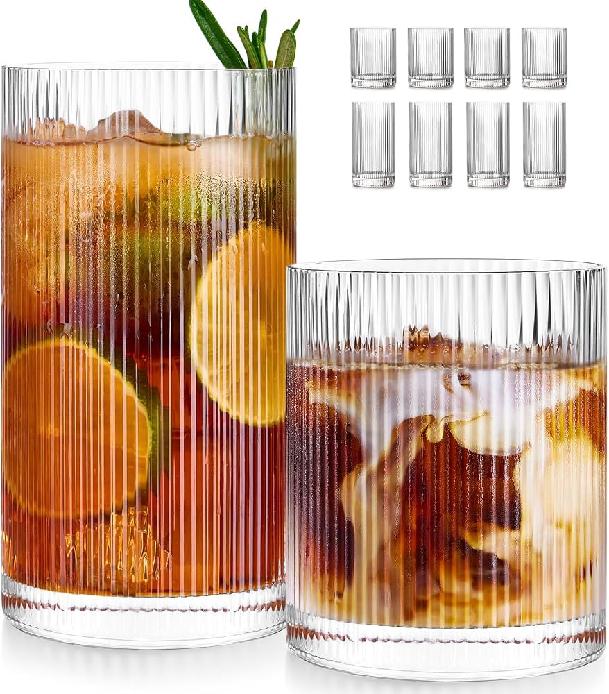 Ribbed Glass Cups Set of 8 - 4 Large Capacity Highball Glasses 17oz, 4 Rocks Glass Cups 12oz, Coc... | Amazon (US)