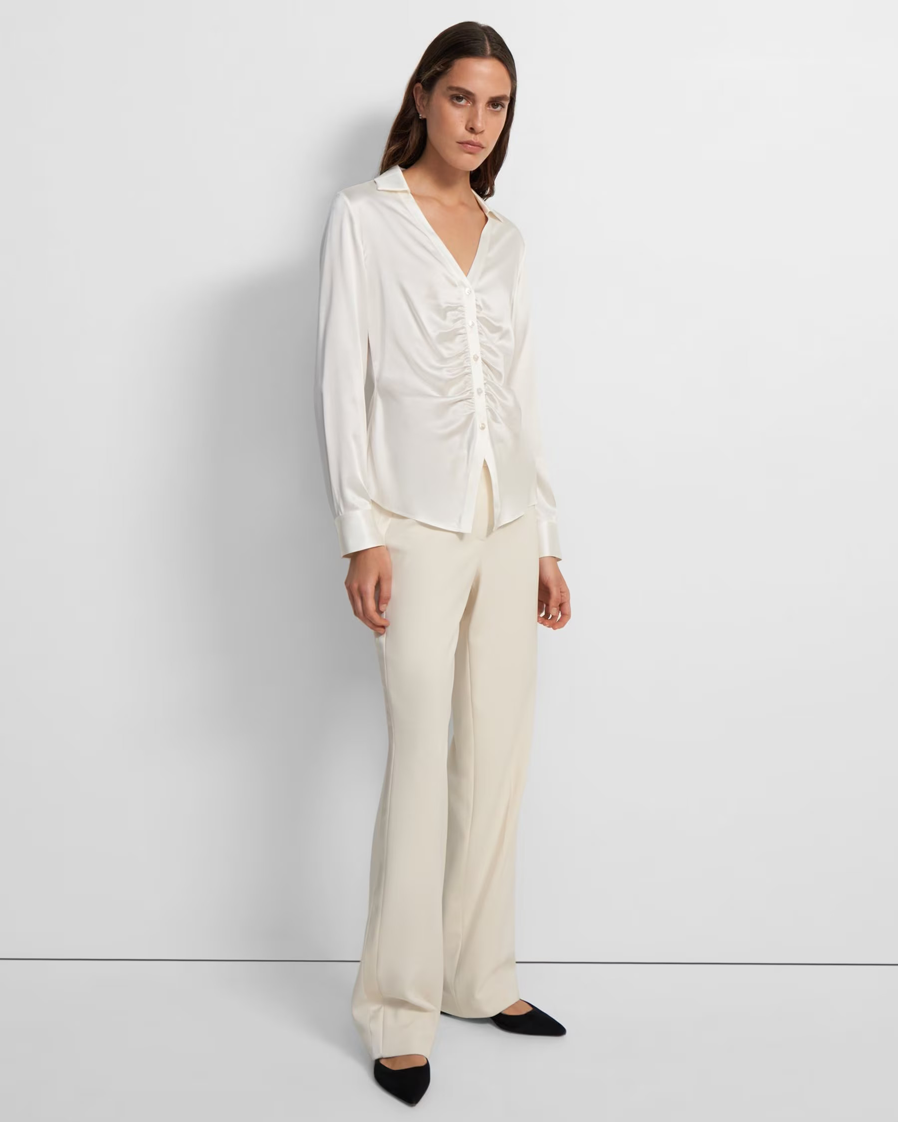 Ruched Button Up Shirt in Stretch Silk | Theory