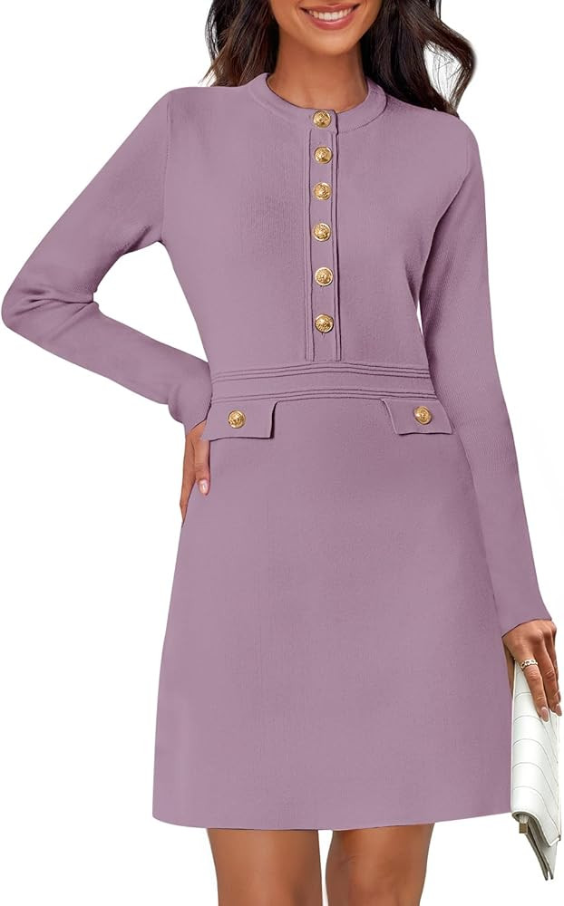 MEROKEETY Women's Long Sleeve Bodycon Sweater Dress Button Crew Neck Elegant Formal Mini Dresses | Amazon (US)
