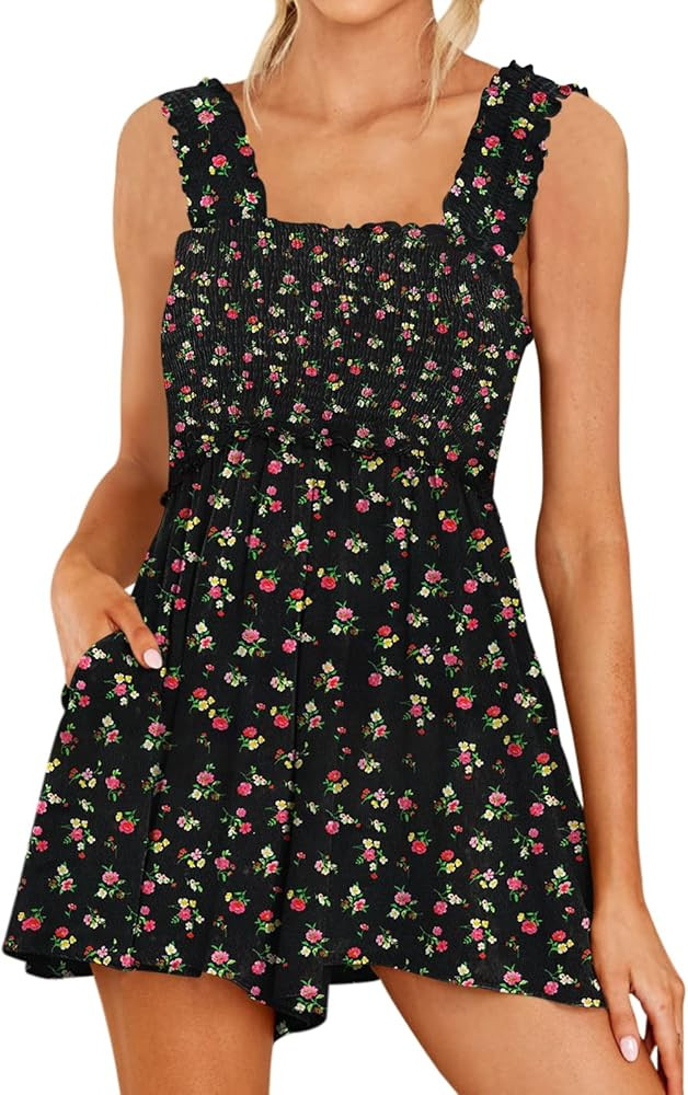 DEEP SELF Women Summer Sleeveless Romper Square Collar Ruffle Straps Flowy Short Jumpsuit with Po... | Amazon (US)