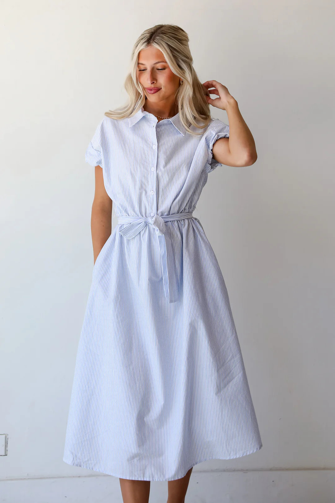 Keep It Classic Light Blue Striped Midi Dress | Dress Up