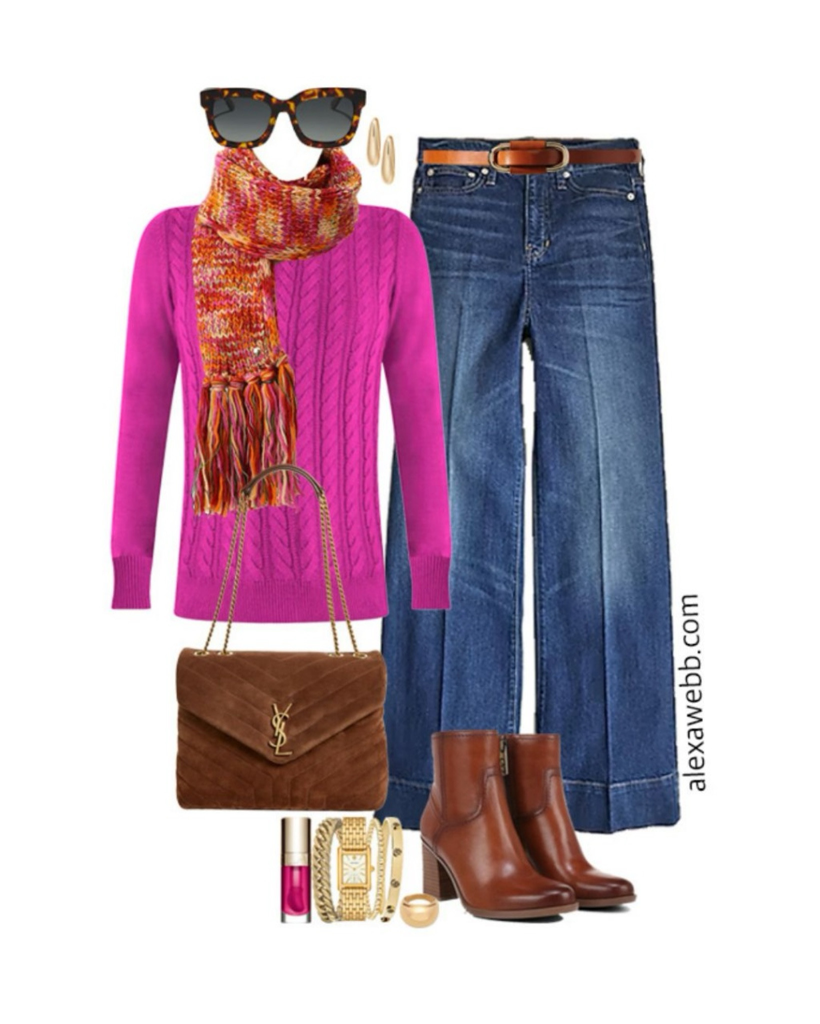 Plus Size Berry Sweater Outfits - A plus size casual outfit idea with a berry pink cable knit sweater. wide leg trouser jeans, a Kate Spade scarf, and heeled ankle booties. Alexa Webb #plussize

#LTKPlusSize #LTKStyleTip #LTKSeasonal