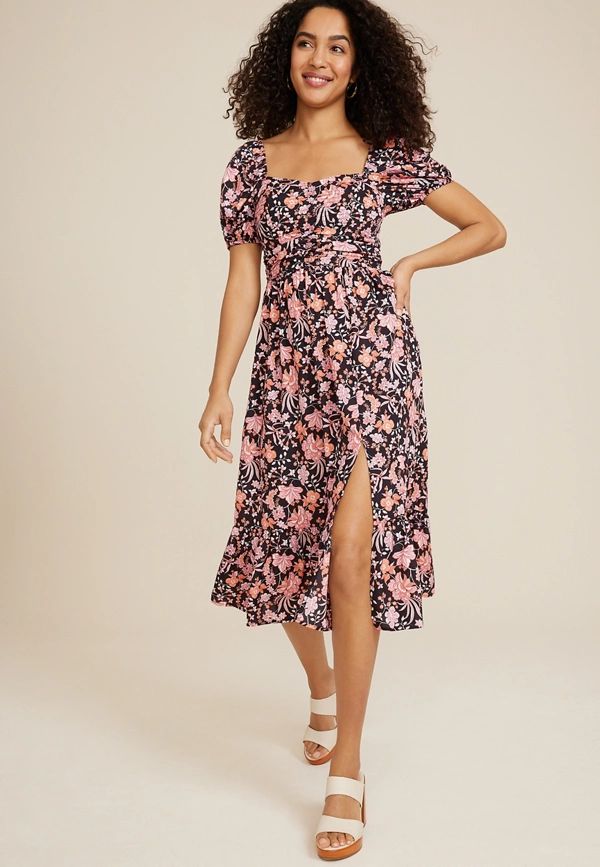 Floral Sweetheart Neck Midi Dress | Maurices