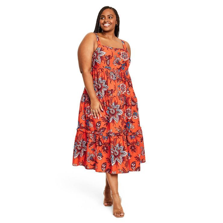 Women's Large Leafy Floral Print Tiered Midi Dress - RHODE x Target Dark Orange/Blue | Target