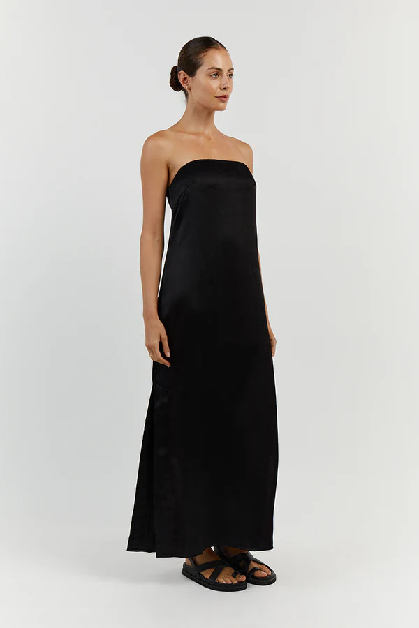MIA BLACK STRAPLESS SATIN MIDI DRESS | DISSH