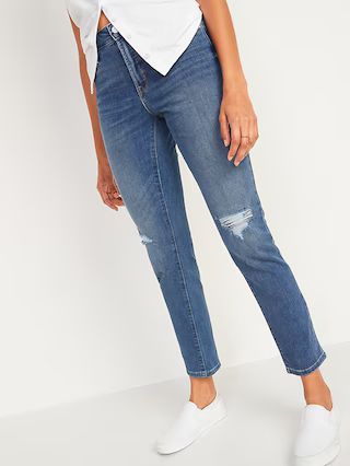 High-Waisted Distressed Power Slim Straight Jeans For Women | Old Navy (US)