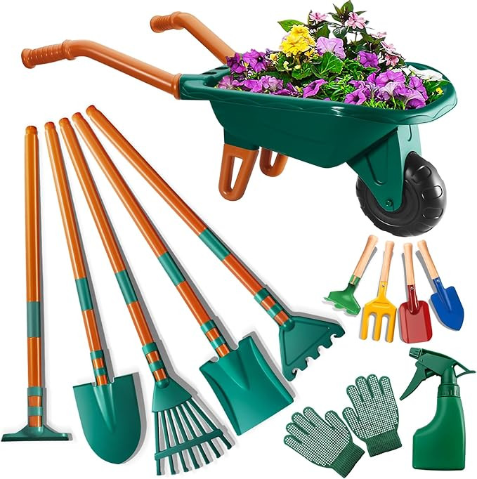 Kids Gardening Set-12 PCS Kids Gardening Tools Wheelbarrow Set with Shovel, Leaf Rake, Gloves, Sp... | Amazon (US)