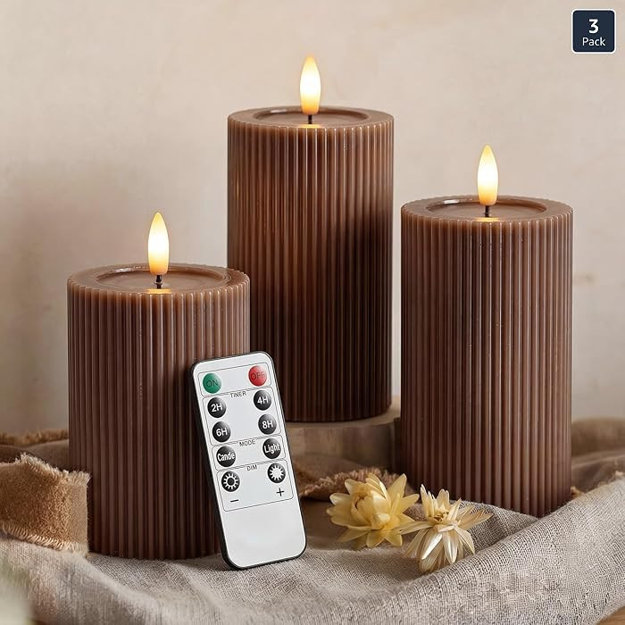 WYZworks Fluted Ribbed LED Pillar Candles, Brown, with Realistic Reflective Melted-Wax Effect –... | Amazon (US)
