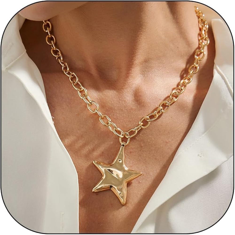 Gold Chunky Star Necklace for Women Big Star Charm Pendant Statement Chain Layered Trendy Jewelry... | Amazon (US)