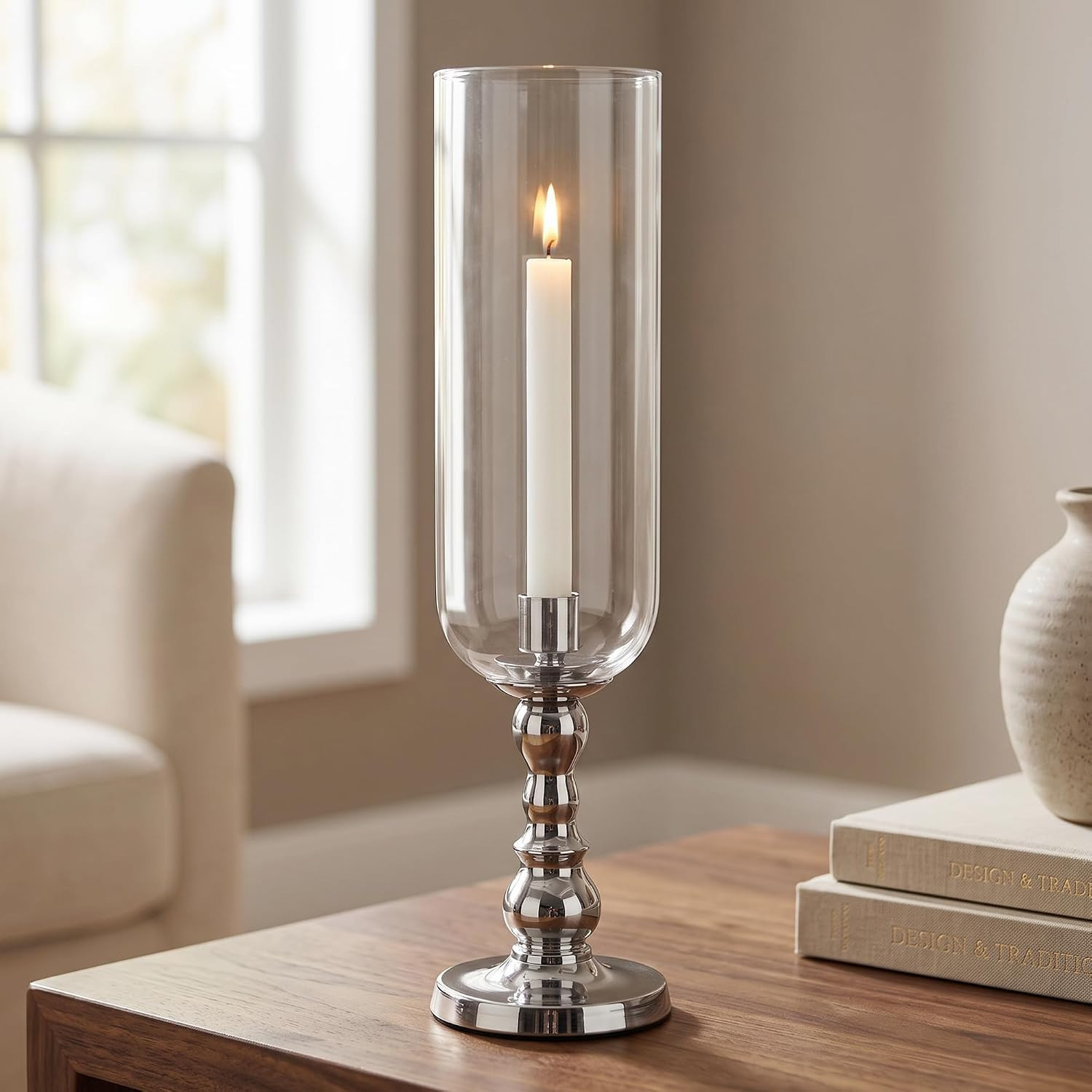 Glass Hurricane Candle Holder, Silver Finish Taper Candlestick, Set of 1 | Amazon (US)