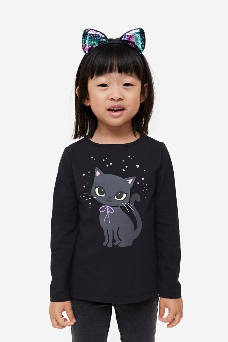 Printed Jersey Top - Black/cat - Kids | H&M US | H&M (US + CA)