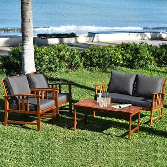 Goplus 4PCS Wooden Patio Furniture Set Table Sofa Chair Cushioned Garden New | Lowe's