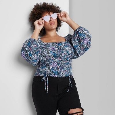 Women's Floral Print Bishop Long Sleeve Cropped Cinch Front Top - Wild Fable™ | Target