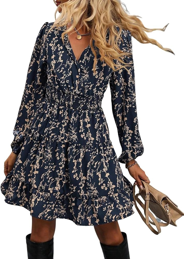 MARZXIN Women's Dresses Casual Floral Print Ruched Waist Lantern Sleeve Ruffle Hem Autumn Dress | Amazon (US)