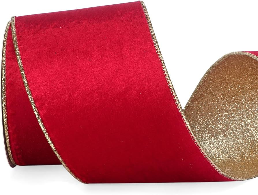 Ribbli Red Velvet Wired Ribbon 4 Inch Red Velvet with Gold Glitter Christmas Ribbon for Christmas... | Amazon (US)