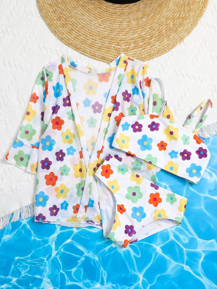 3pack Toddler Girls Floral Print Bikini Swimsuit & Kimono | SHEIN