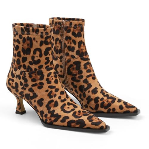 Goiphrri Womens Ankle Boots Kitten Heel Booties Pointed Leopard Boots, 8 | Amazon (US)
