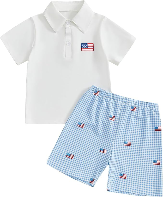 4th of July Baby Boy Outfit Toddler USA Flag Polo Shirts Gingham Plaid/Stripes Shorts Set Indepen... | Amazon (US)