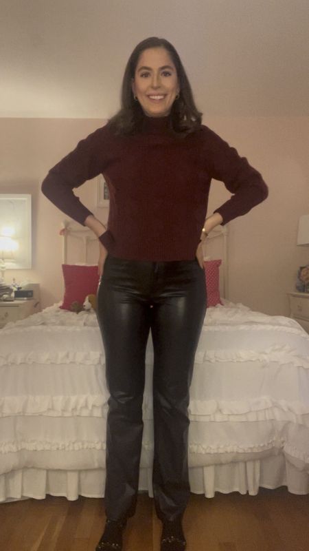 Red sweater, burgundy sweater, faux leather pants, business casual, office style, winter office style, black ankle booties, black boots, straight leg leather pants, faux leather pants, turtleneck sweater

#LTKVideo #LTKSeasonal #LTKworkwear