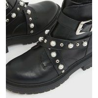 Black Leather-Look Faux Pearl Studded Chunky Boots New Look Vegan | New Look (UK)