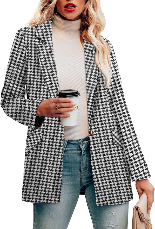 CRAZY GRID Womens Long Sleeve Blazer Jacket Open Front Work Office Blazer Button Jacket | Amazon (US)