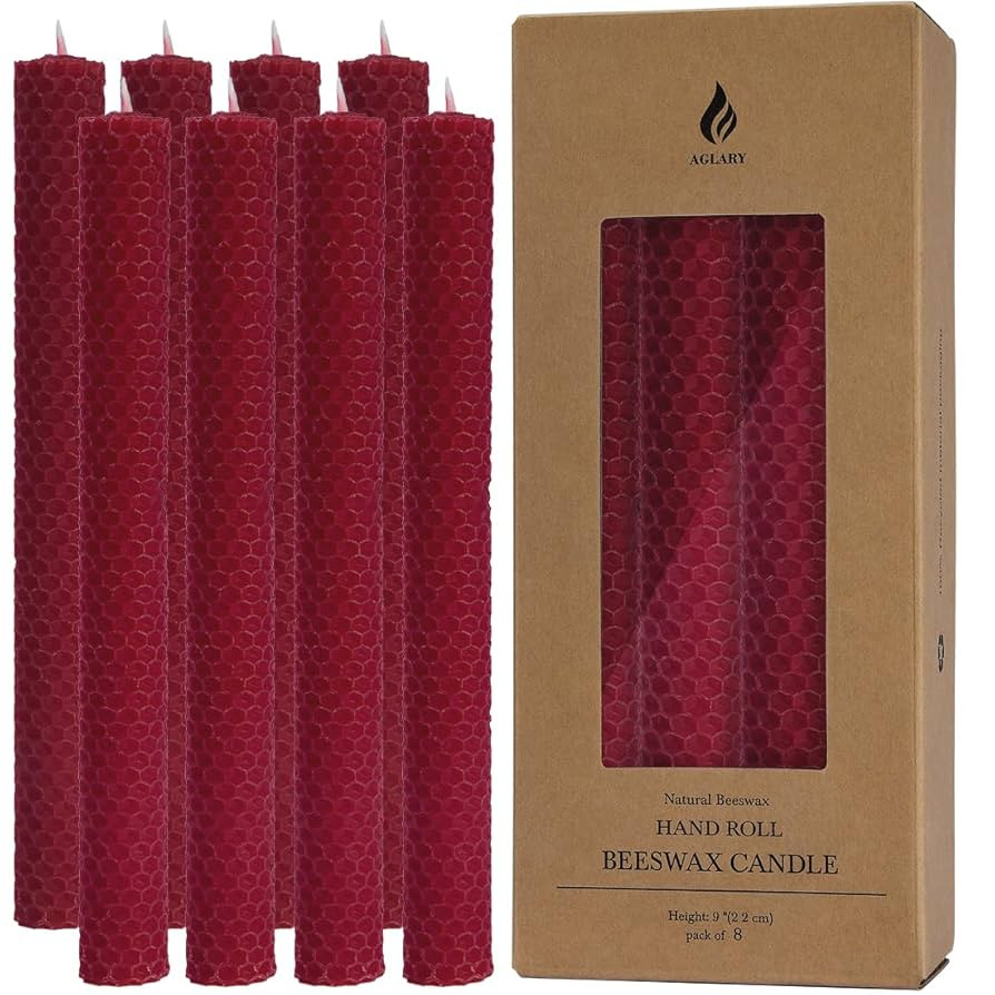 8PCS 9" Burgundy Hand-Rolled Beeswax Taper Candles,Red Candles, Real Pure Beeswax, Handmade Honey... | Amazon (US)