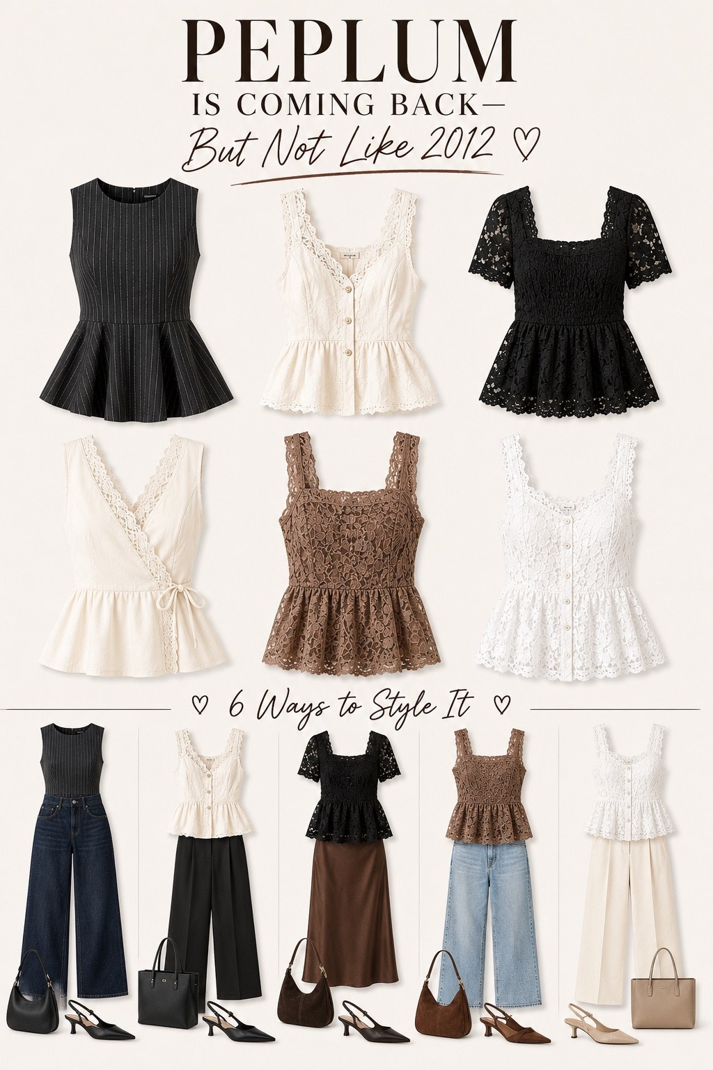 PEPLUM IS BACK… but NOT like 2012 👀🤎

One of the biggest Fall 2026 fashion trends making a comeback is peplum—and this time it feels so much more elevated. Think structured waists, romantic lace, tailored silhouettes and feminine details styled with relaxed pieces instead of the super-fitted looks we remember.

The 2026 way to wear it: peplum tops + wide-leg denim, tailored trousers, satin midi skirts, slingback heels and rich chocolate-brown accessories. 🤌

I linked my favorite peplum tops + fall styling pieces so you can recreate the trend before it’s everywhere.

SAVE this for your fall outfit inspiration + shop the full edit on my LTK. 🤎

#FallFashion2026 #FallTrends2026 #Peplum #PeplumTop #PeplumTrend #FallOutfits #FallOutfitIdeas #FallStyle #FallWardrobe #FallFashionTrends #WideLegJeans #DarkWashDenim #SlingbackHeels #ChocolateBrown #RomanticStyle #FeminineStyle #TransitionalStyle #LTKFashion #LTKStyle #LTKFinds

#LTKmomlife #LTKootd #LTKOver40