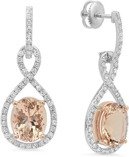 Two Tone Rose Gold Plated 18K White Gold Oval Morganite & Round White Diamond Dangling Earrings | Amazon (US)