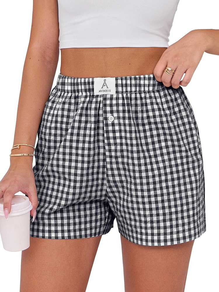 ANRABESS Boxer Shorts for Women Gingham Pajama 2025 Summer Casual Lounge Sleep Plaid Shorts Y2K B... | Amazon (US)