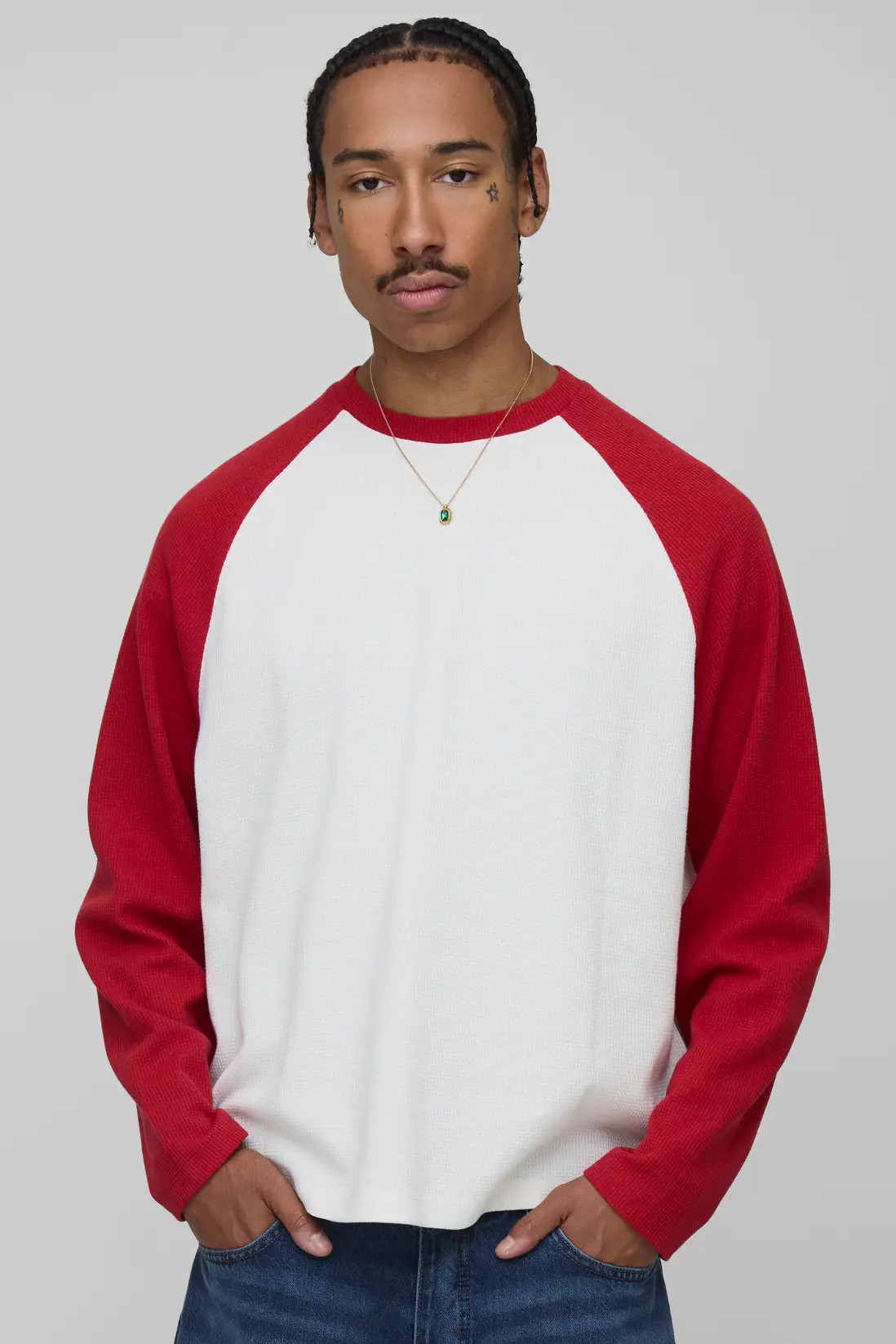 Red Oversized Boxy Heavyweight Waffle Raglan Long Sleeve T-shirt | BOOHOOMAN | boohooMAN (DE, IE & UK)