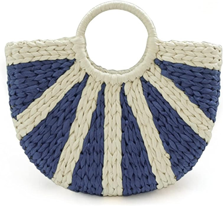 QTKJ Simple Retro Semi-circle Rattan Straw Bag Hand-Woven Round Handle Handbags Summer Beach Bag ... | Amazon (US)
