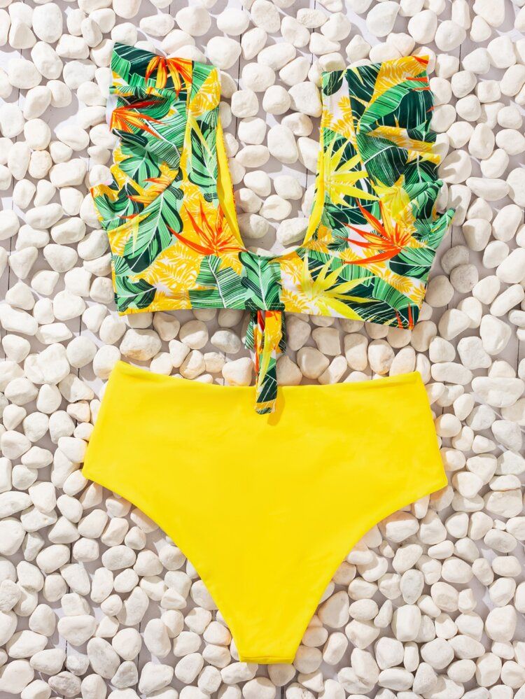 Random Tropical Print Ruffle Bikini Swimsuit | SHEIN