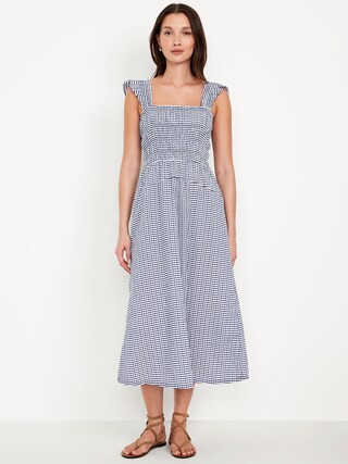 Fit & Flare Lightweight Smocked Gingham Midi Dress | Old Navy (US)
