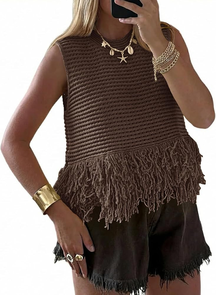 Saodimallsu Womens Crochet Crop Tank Tops Fringe Boho Summer Sweater Vest | Amazon (US)