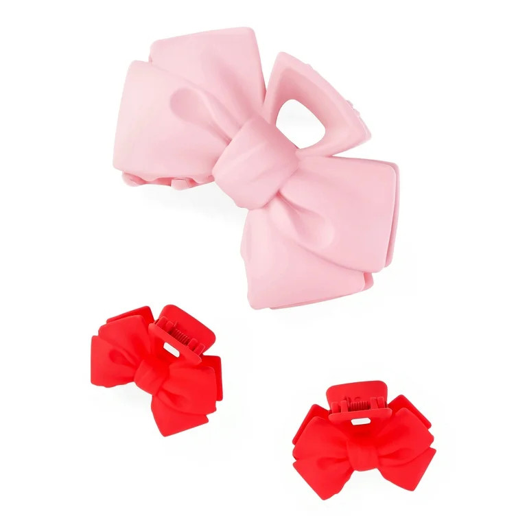 Wonder Nation Girls Bow Shape Hair Claw Clip Set, 3-Piece, Red/Pink | Walmart (US)