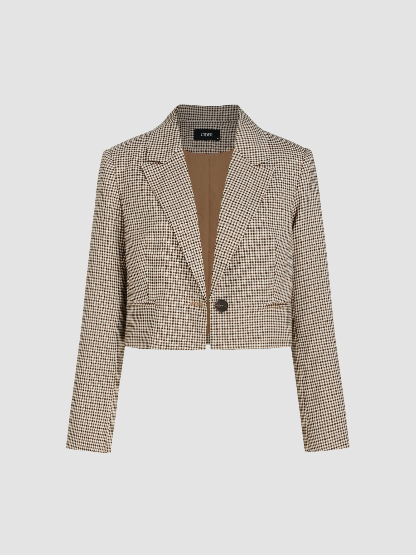 Woven Collar Check Pocket Crop Blazer For Daily Casual Work | Cider