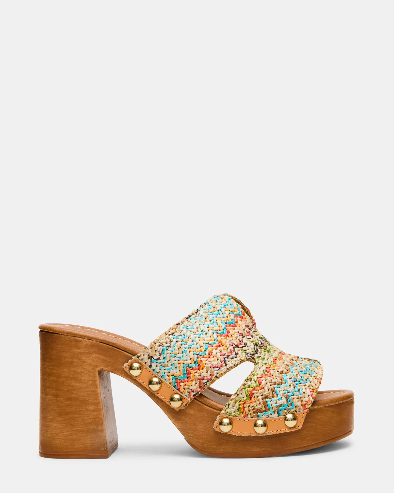 SUNKISSED Multi Raffia Platform Block Heel Studded Women's Sandal | Steve Madden (US)